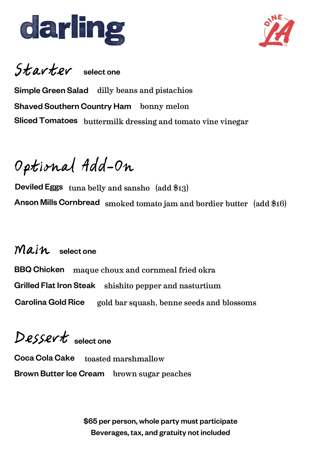 The Darling Dine LA dinner menu, three courses for sixty-five dollars per guest
