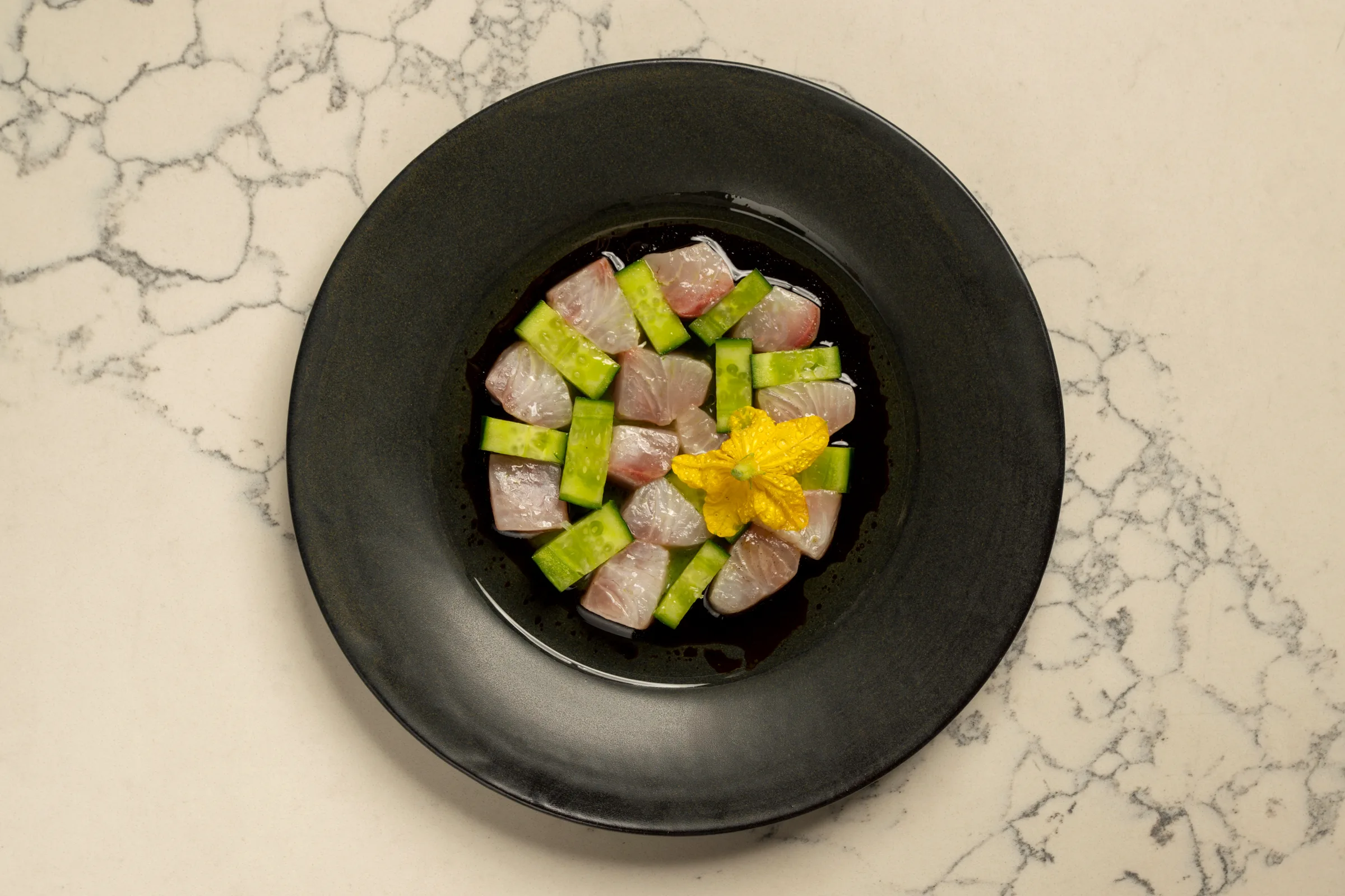 Baja kanpachi crudo with cucumber and horseradish