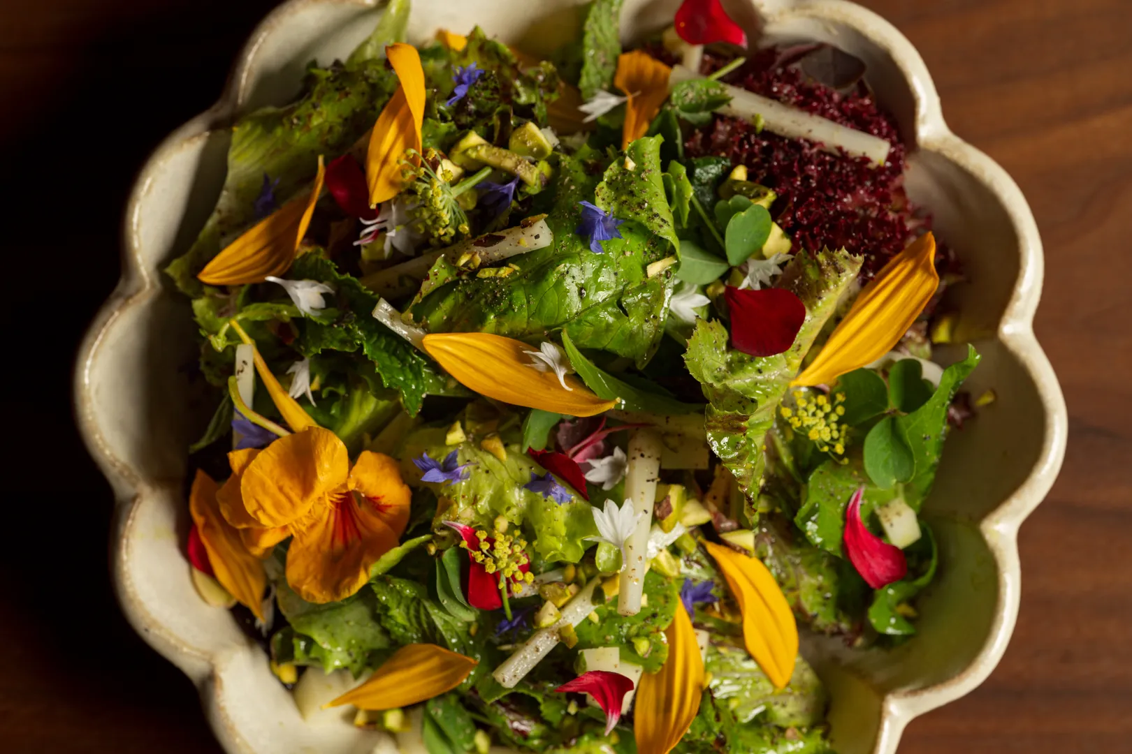 Market lettuces and hearts of palm with pistachios and grilled honey vinaigrette