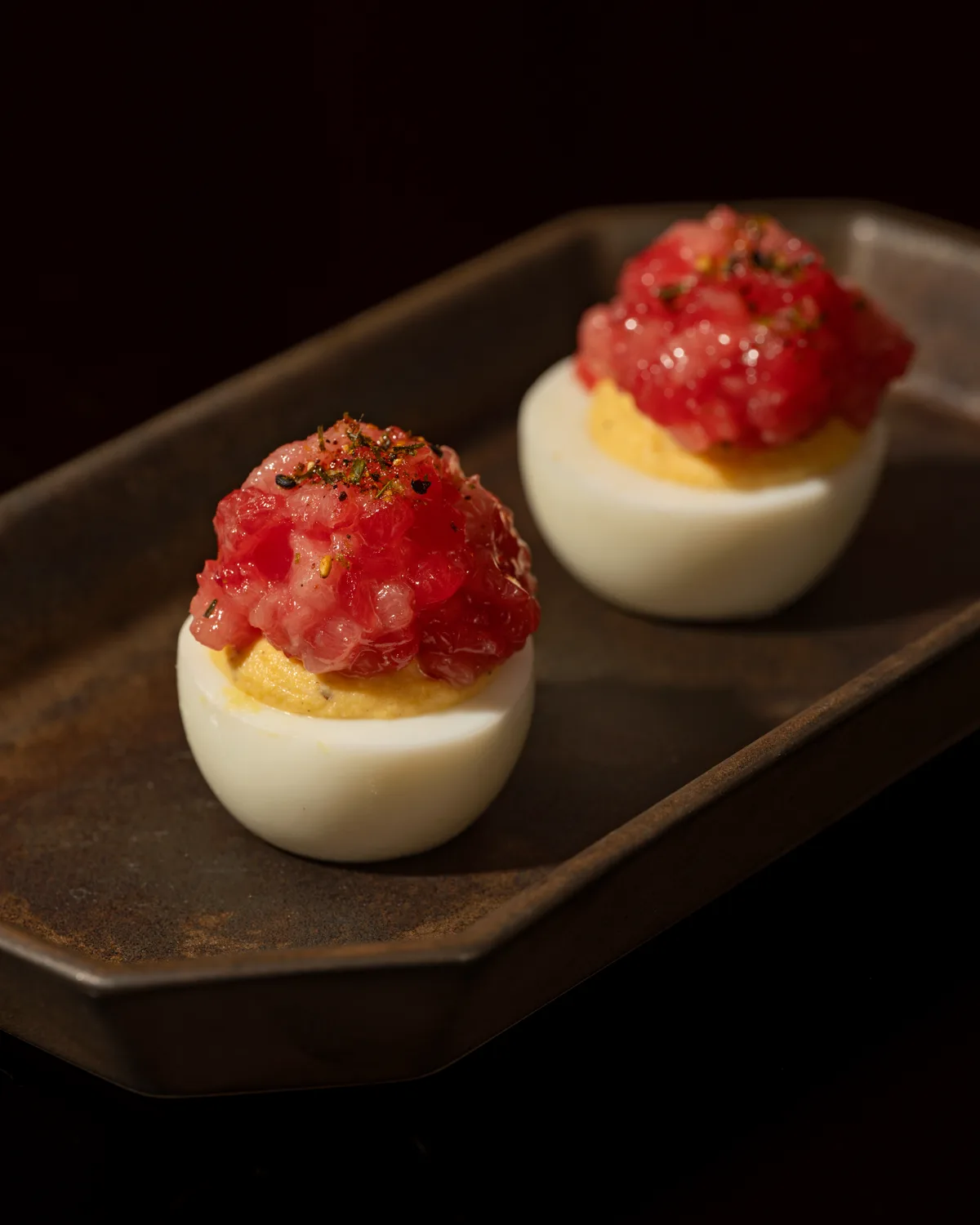 Deviled eggs crowned with tuna tartare
